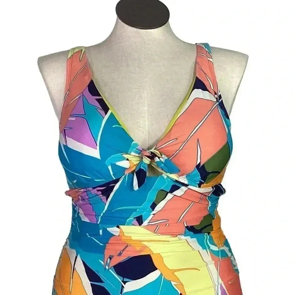 Jantzen Multicolor Tropical Print One-Piece Swimsuit - Teal, Coral, Yellow